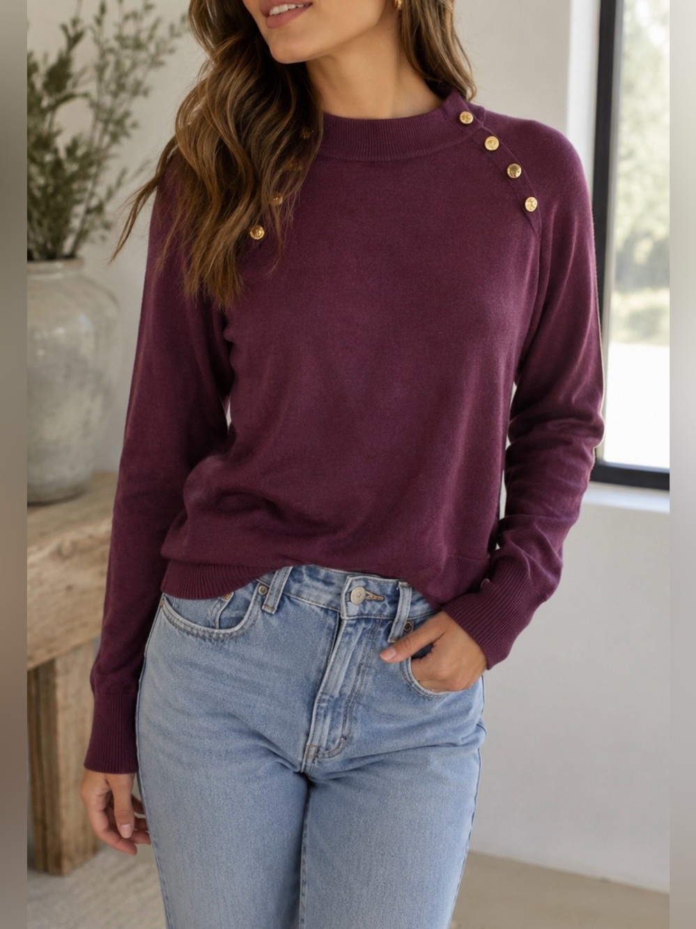 MICHAEL KORS Burgundy Mock Neck Sweater Gold Buttons Women’s Sz L NWT